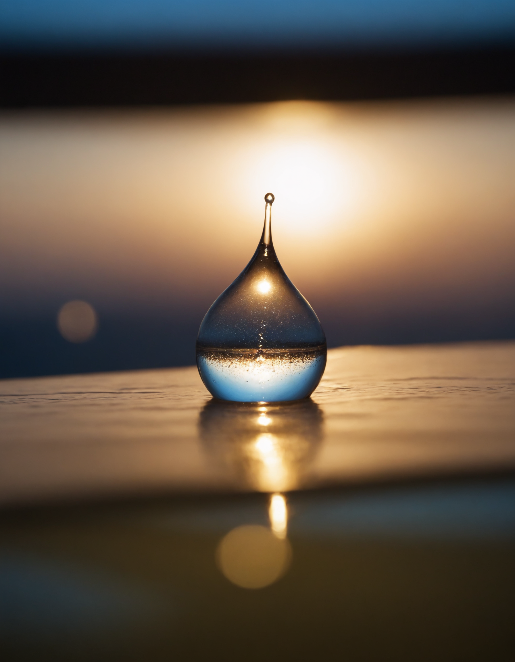Notre histoire Close-up of a water droplet reflecting golden sunset hues, creating a serene and artistic visual.